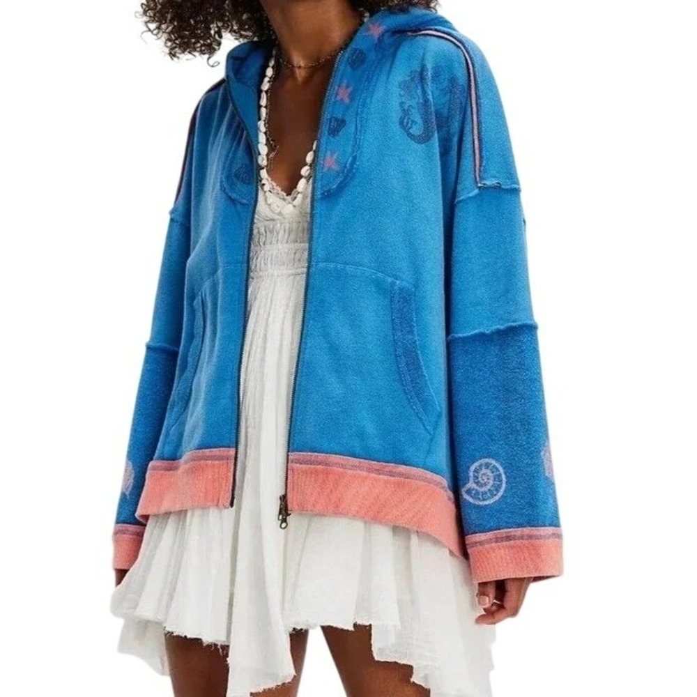 We The Free People Seashell Cardi Blue Mermaid Zip Up Hoodie Sweatshirt Coastal